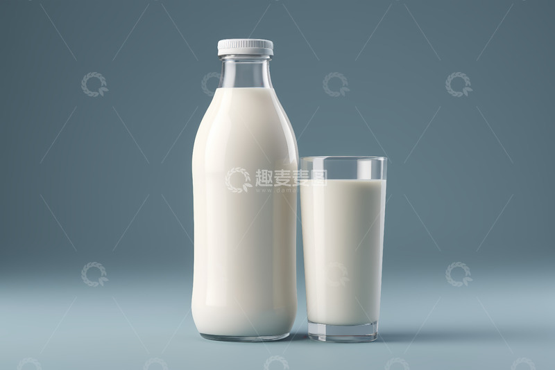 高清大图下载【趣麦麦图】瓶装牛奶与玻璃杯牛奶特写