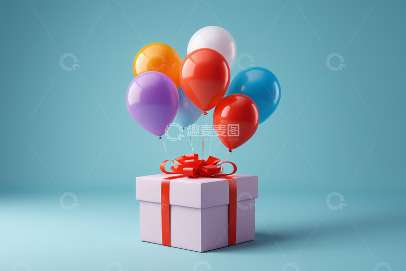 高清大图下载【趣麦麦图】带彩色气球的粉色礼物盒