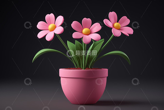 粉色花盆中盛开的三朵卡通花朵