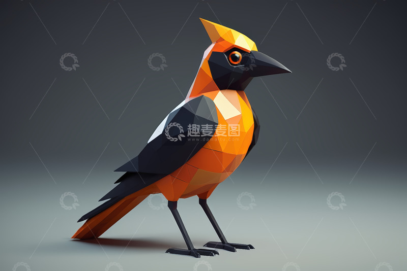 高清大图下载【趣麦麦图】-低多边形风格橙色鸟类素材
