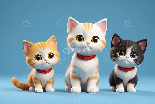 三只可爱卡通小猫并排坐