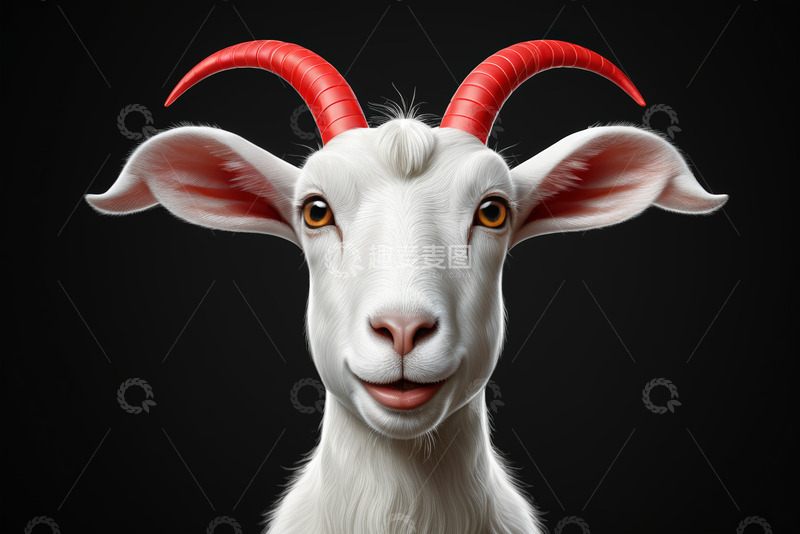 高清大图下载【趣麦麦图】特写白色山羊带红色弯角
