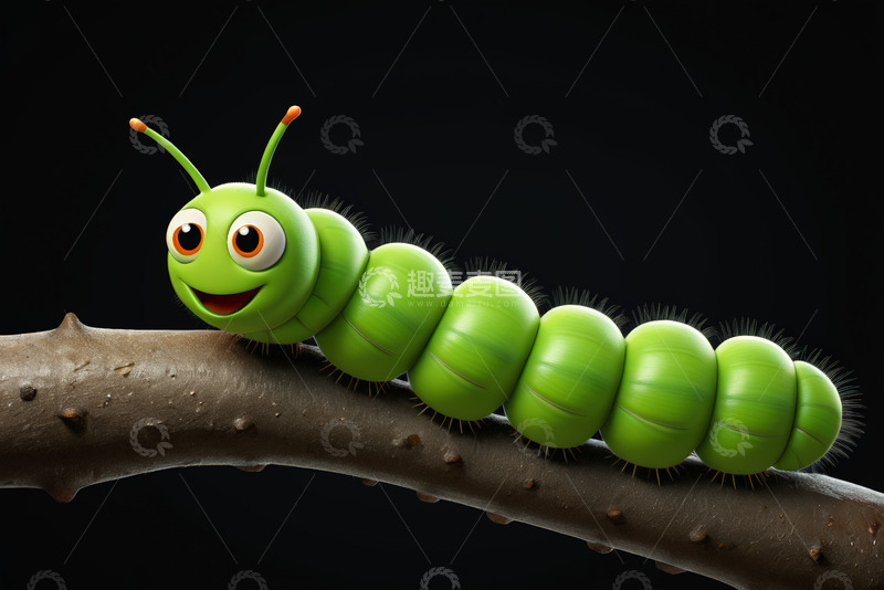 高清大图下载【趣麦麦图】绿色卡通毛毛虫趴在树枝上