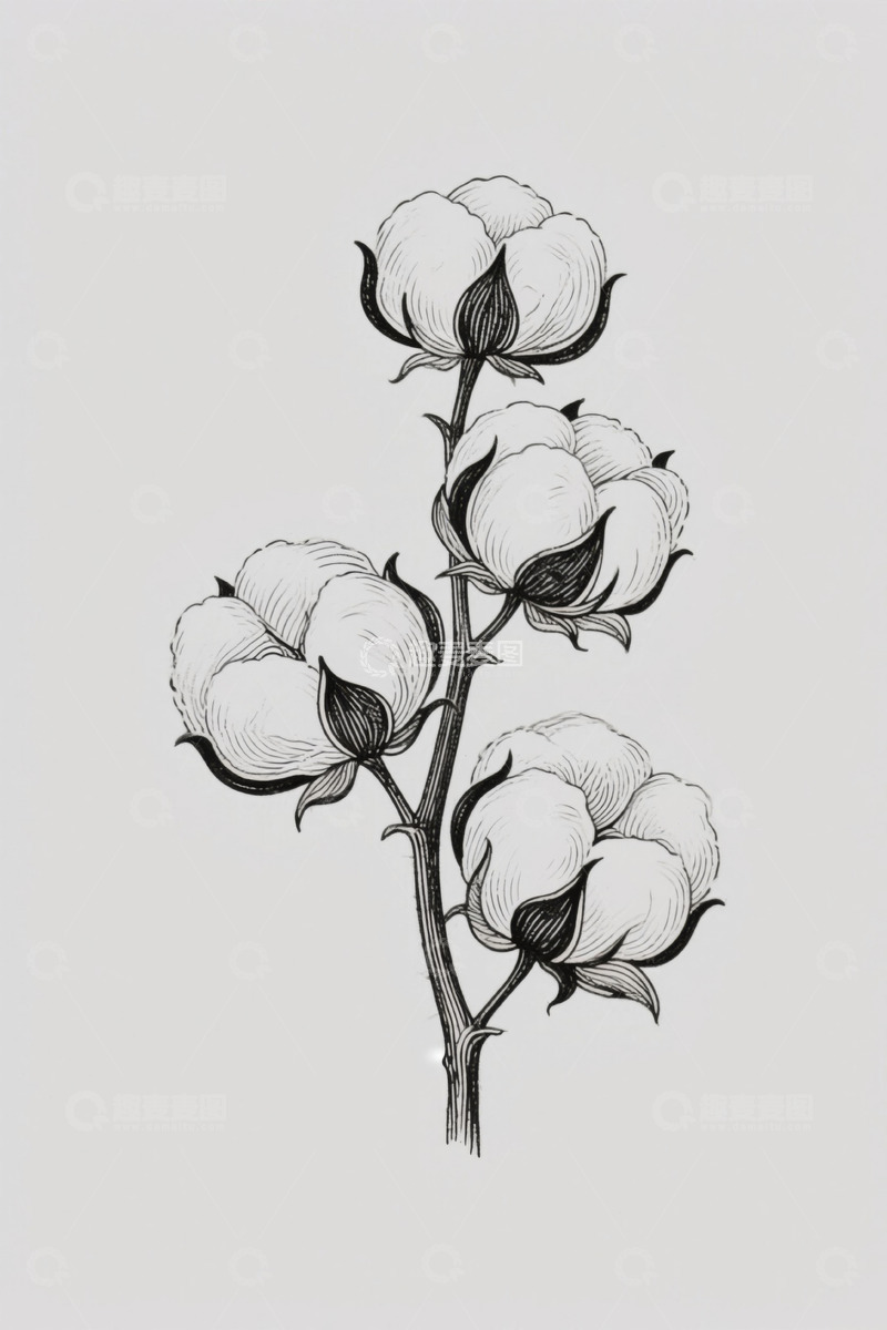 高清大图下载【趣麦麦图】手绘棉花植株插画