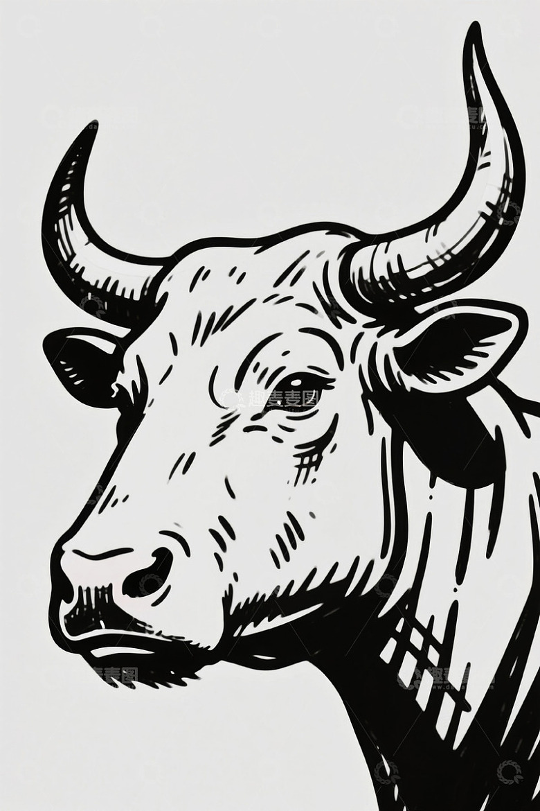 黑白牛头部插画素材