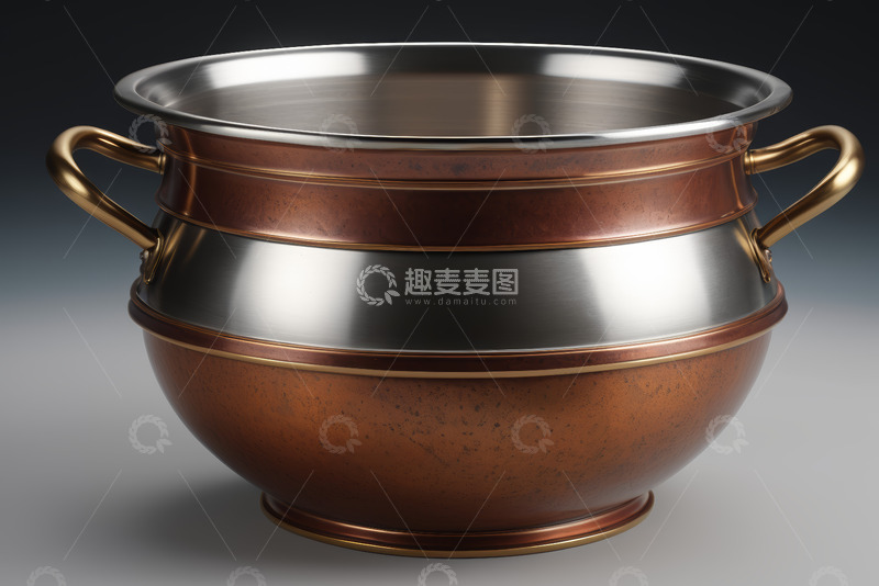 高清大图下载【趣麦麦图】带把手金属铜锅特写