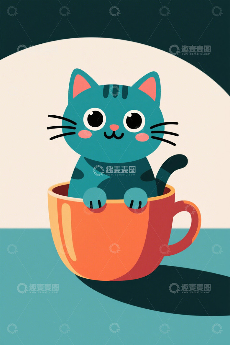 卡通小猫坐在橙色杯子里
