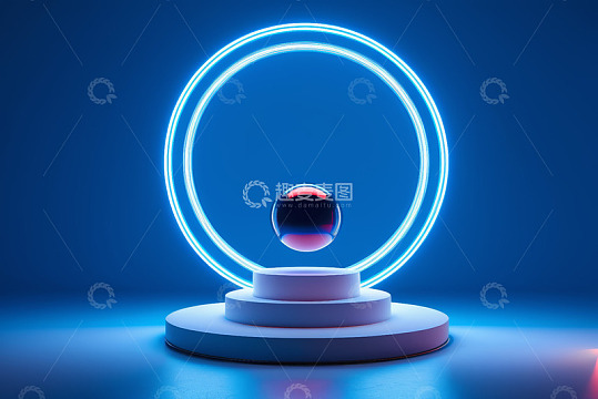 蓝色背景悬浮球体与发光圆环