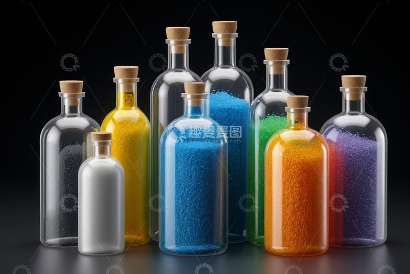 高清大图下载【趣麦麦图】彩色粉末玻璃瓶装特写素材