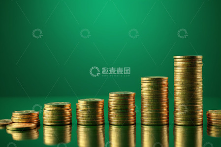 绿色背景上堆叠的金色硬币