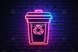 砖墙背景霓虹回收垃圾桶