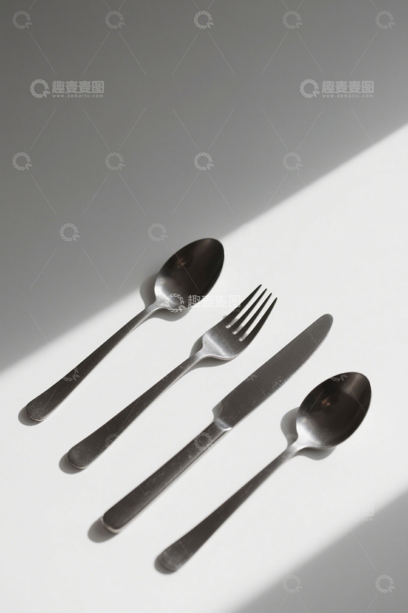 高清大图下载【趣麦麦图】白色背景上的不锈钢餐具组合