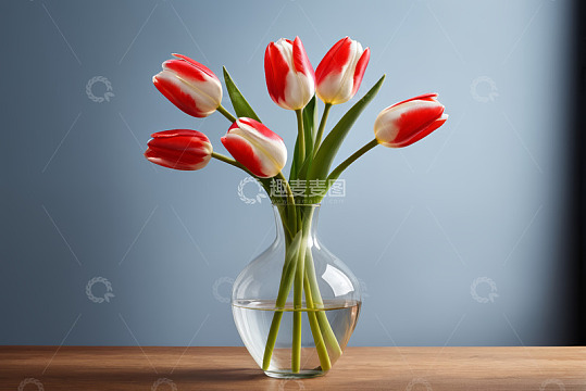 玻璃花瓶中的红白郁金香