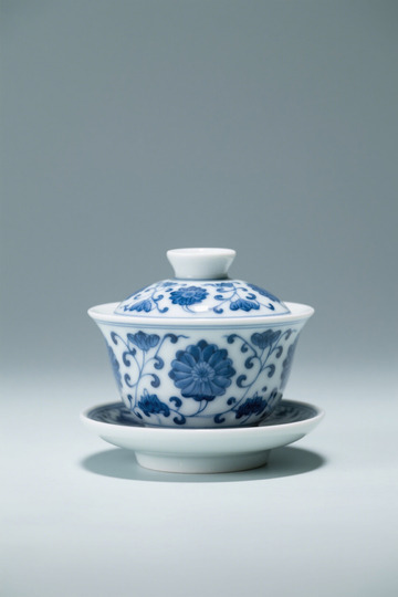 青花瓷盖碗茶具特写