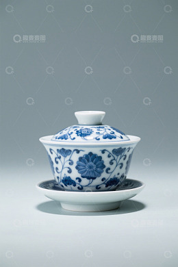 青花瓷盖碗茶具特写