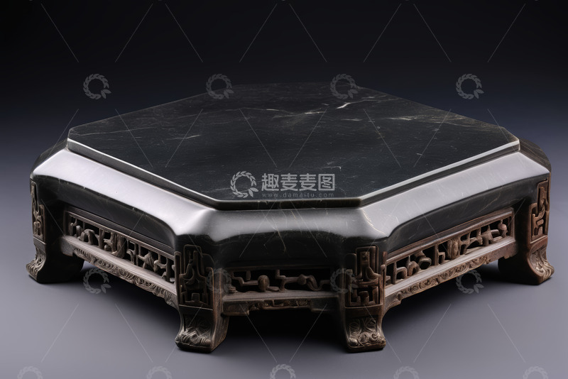 高清大图下载【趣麦麦图】中式雕花大理石面木质矮桌