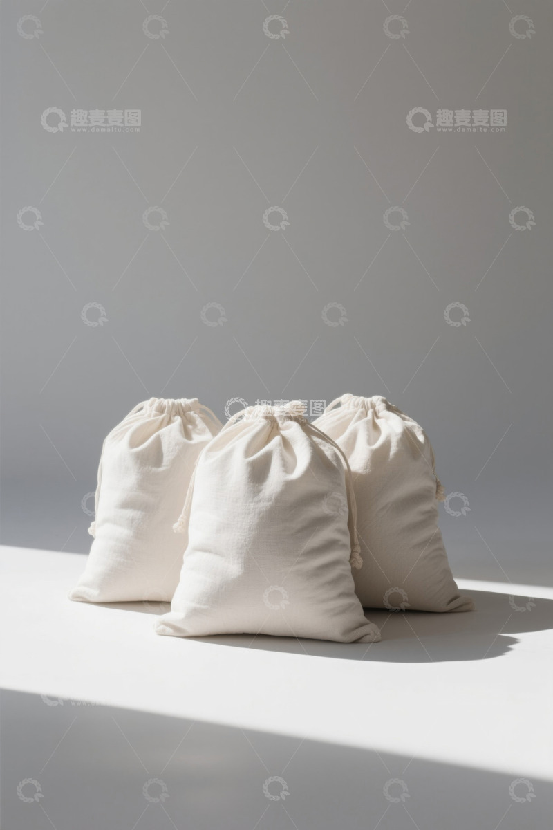 高清大图下载【趣麦麦图】三个白色抽绳布袋特写