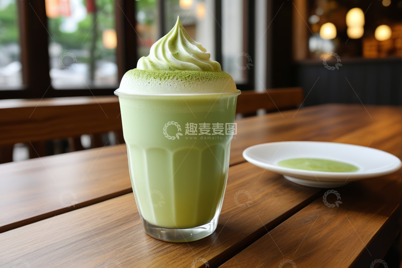 高清大图下载【趣麦麦图】咖啡馆内的抹茶奶盖饮品
