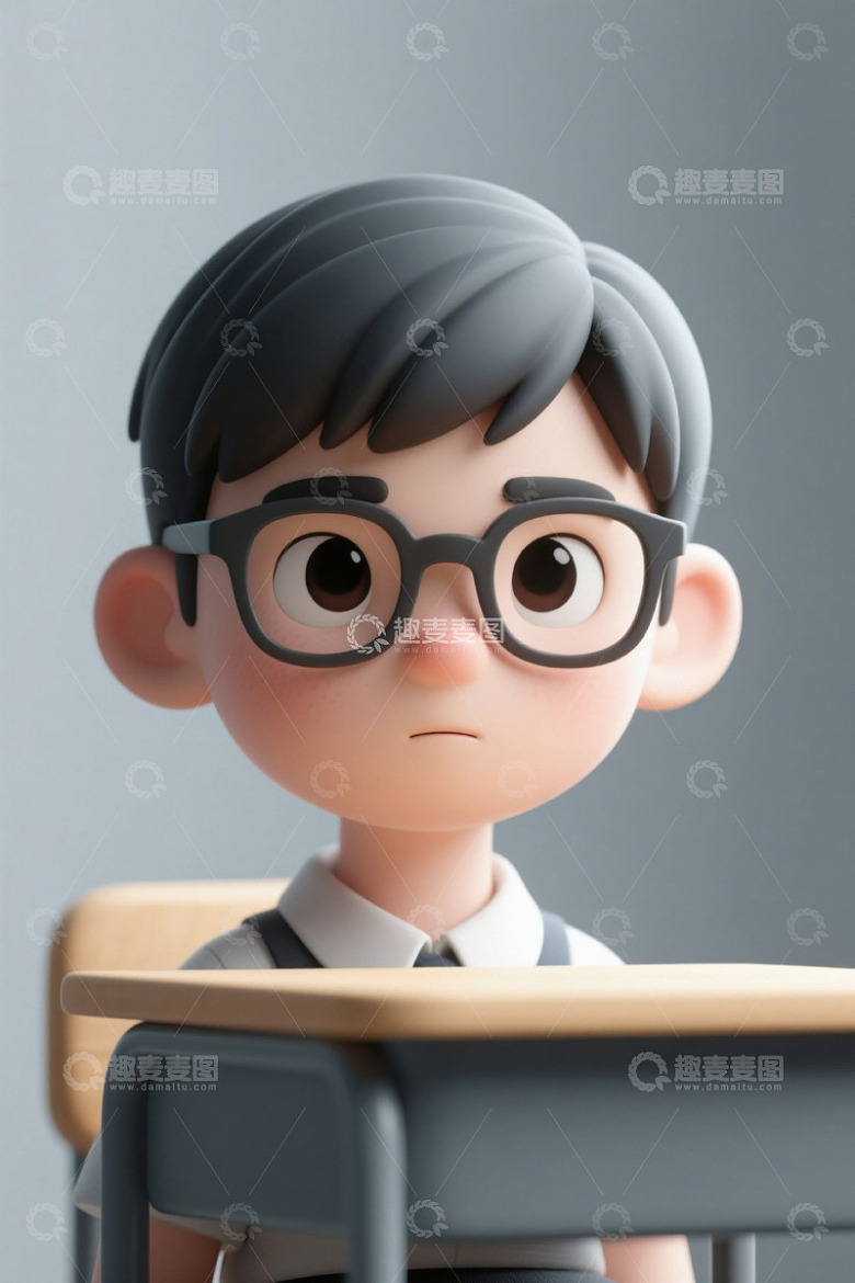 戴眼镜的卡通男孩坐在课桌前