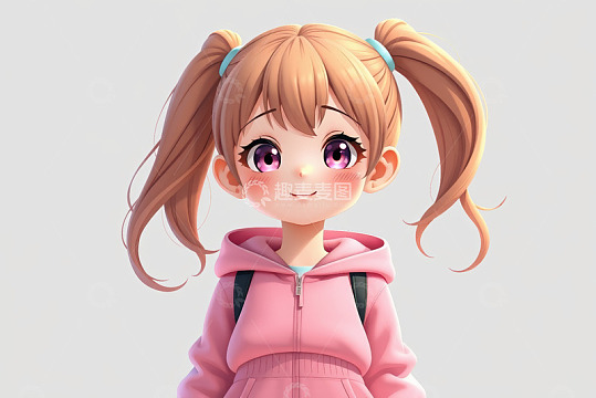 双马尾女孩穿粉色连帽衫