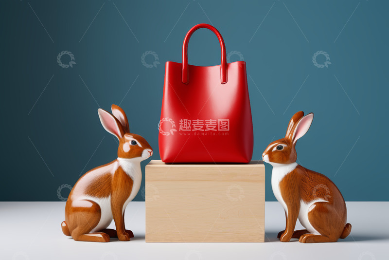 高清大图下载【趣麦麦图】红色手提包与兔子摆件静物