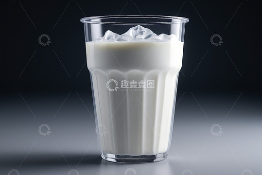 透明杯中装着带冰块的牛奶