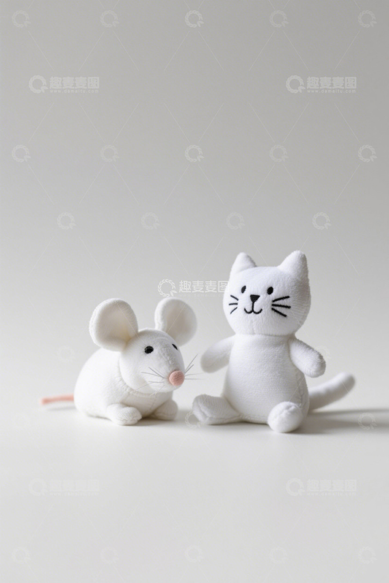 高清大图下载【趣麦麦图】白色老鼠与猫咪毛绒玩具