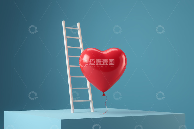高清大图下载【趣麦麦图】蓝色背景红心气球与白色梯子