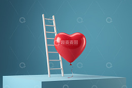 蓝色背景红心气球与白色梯子