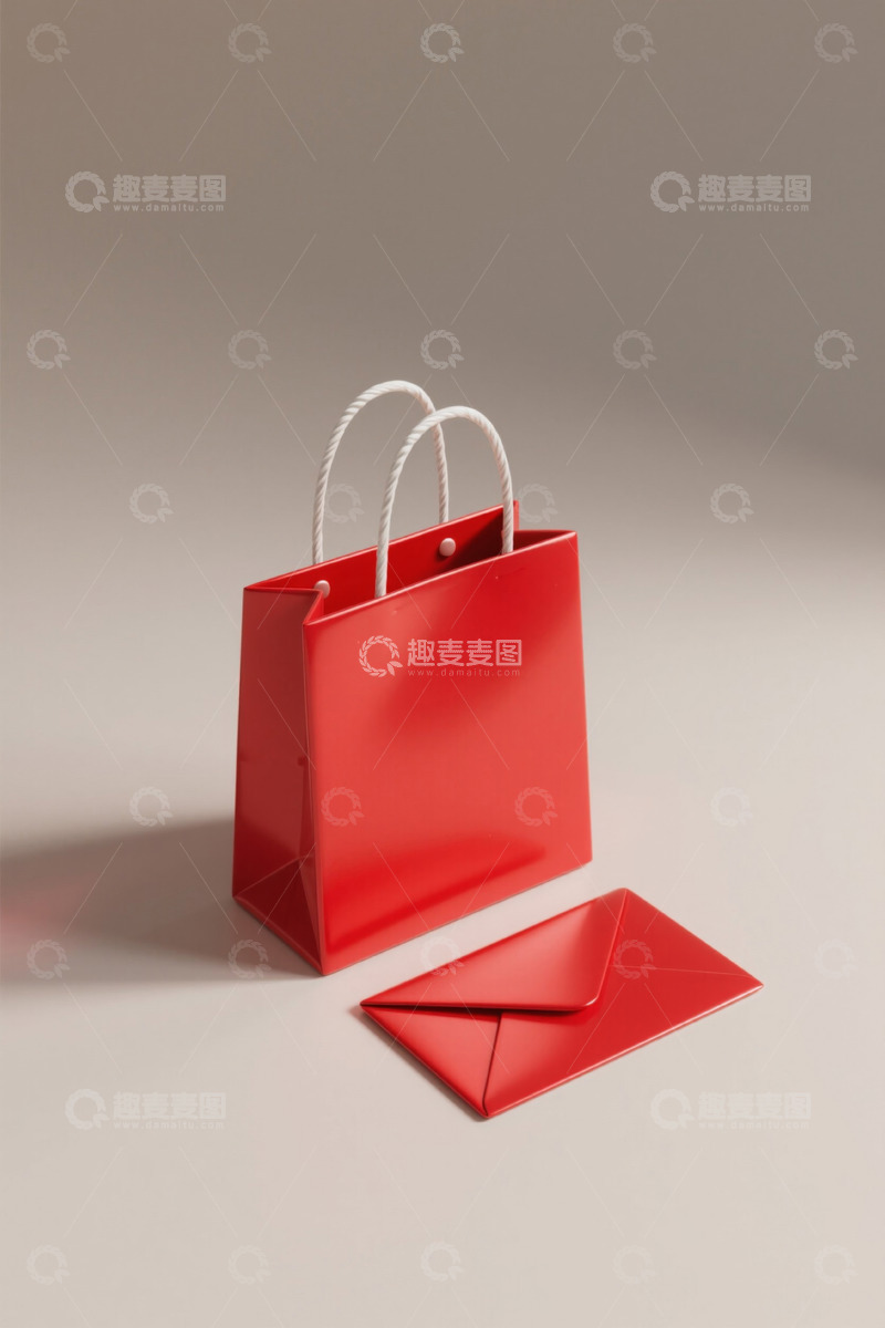 高清大图下载【趣麦麦图】红色购物袋与信封静物素材