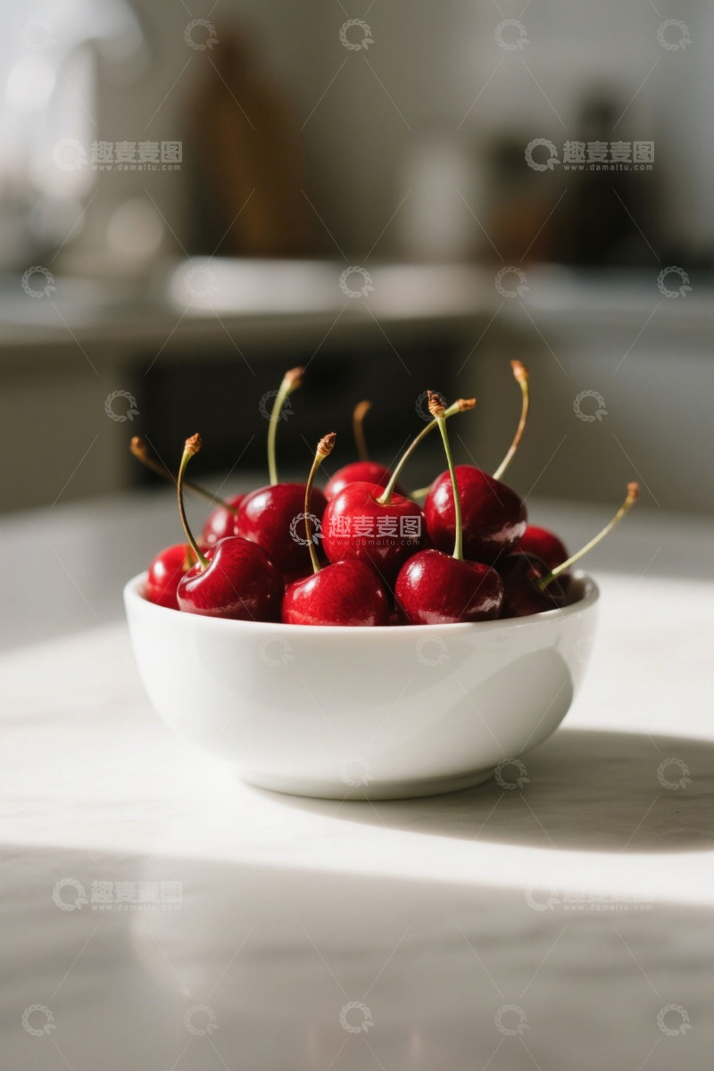 高清大图下载【趣麦麦图】白碗中新鲜饱满的樱桃