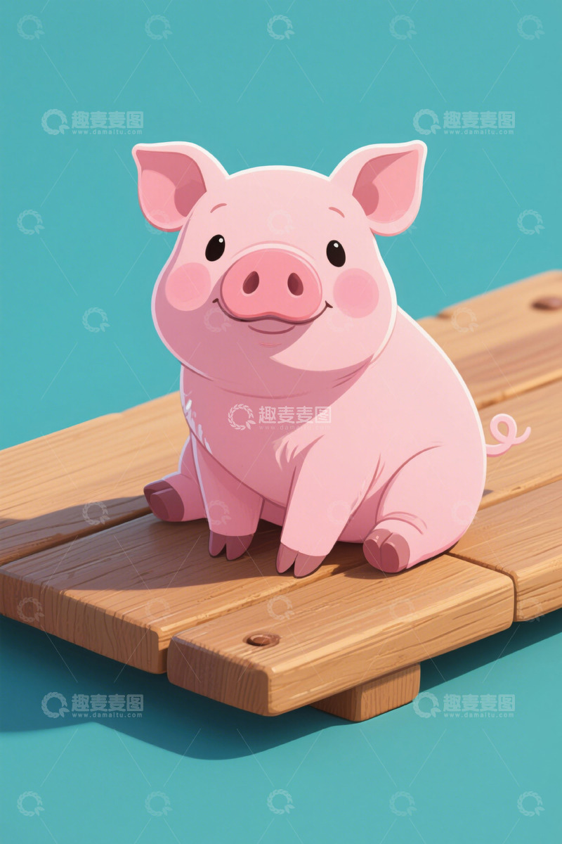 高清大图下载【趣麦麦图】卡通小猪坐在木板上
