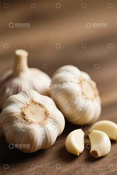 木桌上摆放的大蒜及蒜瓣