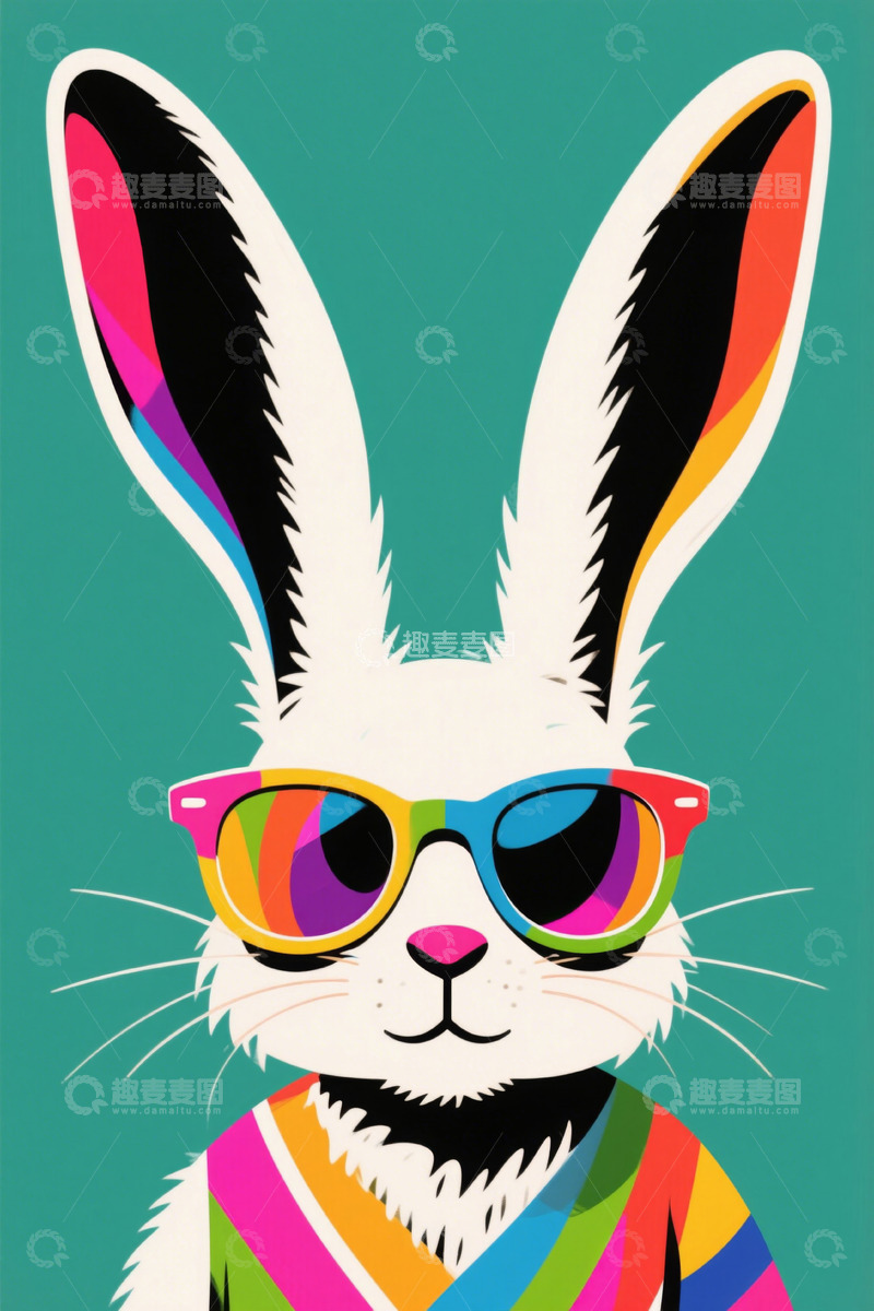高清大图下载【趣麦麦图】戴墨镜穿彩衣的卡通兔子