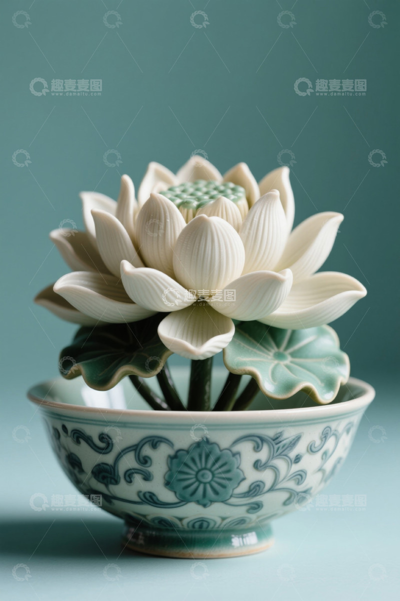 高清大图下载【趣麦麦图】青花瓷碗中的陶瓷莲花