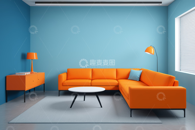 高清大图下载【趣麦麦图】蓝色客厅橙色沙发家居场景