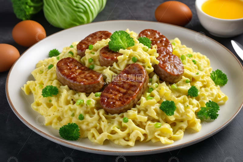 高清大图下载【趣麦麦图】盘中意大利面配香肠餐食