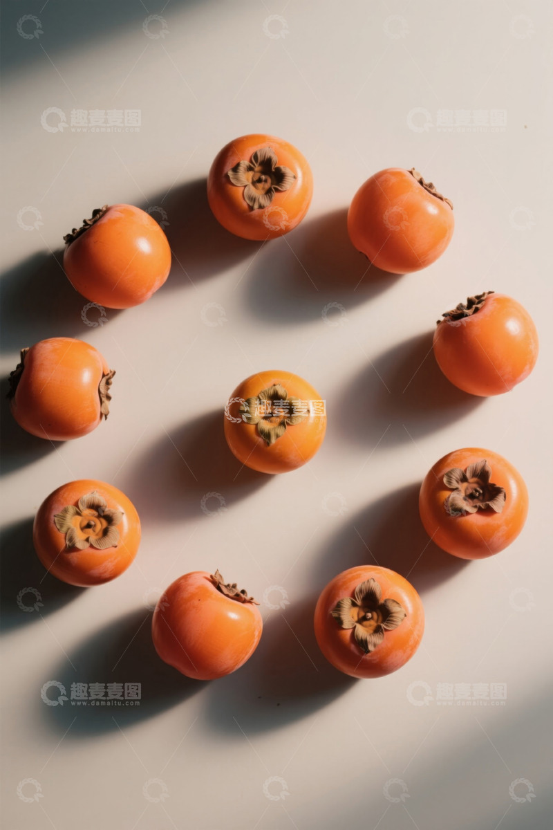 高清大图下载【趣麦麦图】多个橙色柿子摆放在浅色背景上
