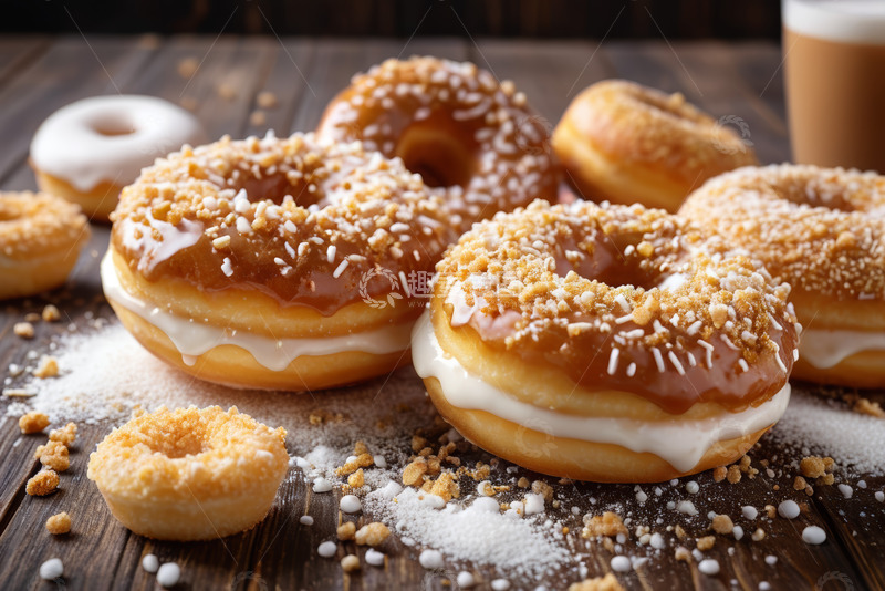 高清大图下载【趣麦麦图】木桌上摆放的美味甜甜圈