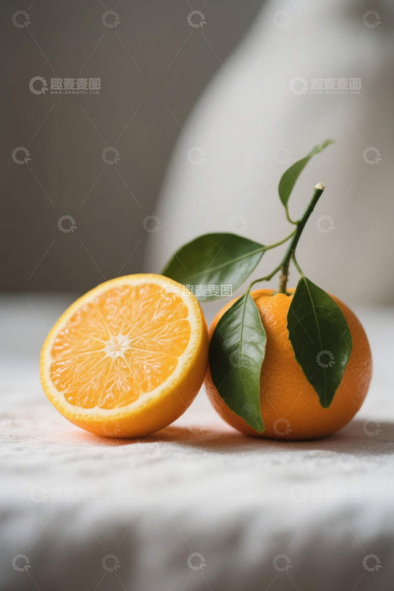 高清大图下载【趣麦麦图】带绿叶的新鲜橙子静物