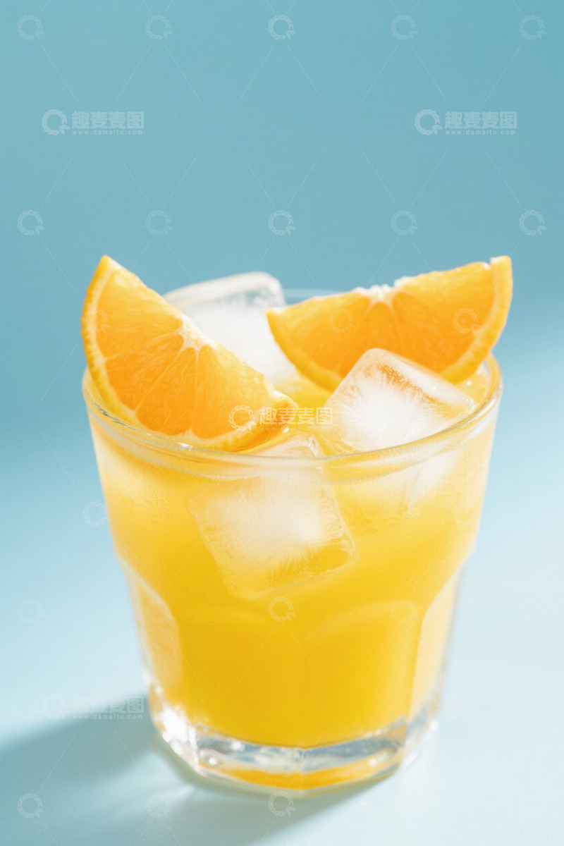 高清大图下载【趣麦麦图】玻璃杯装橙汁配橙片冰块