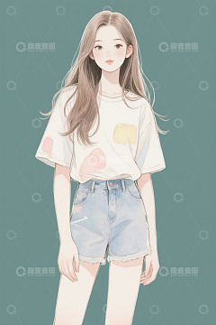 穿着T恤短裤的少女插画