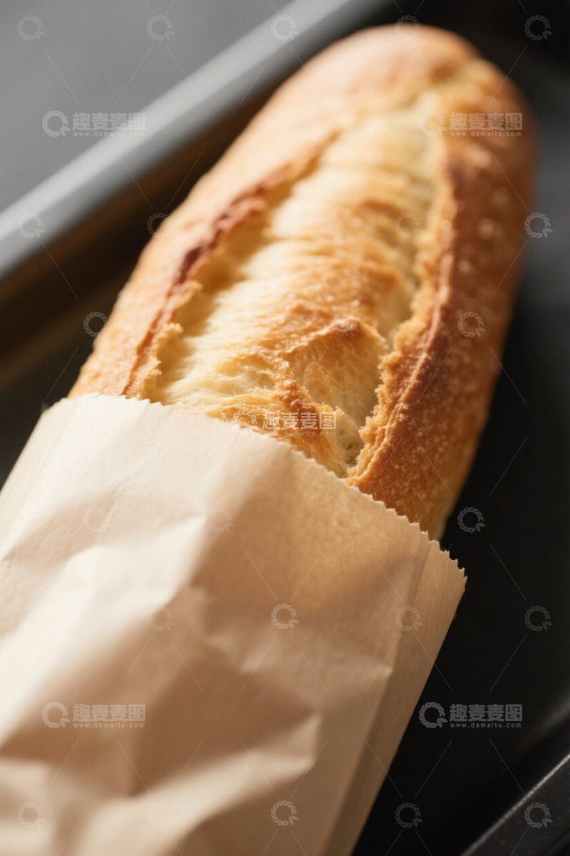 高清大图下载【趣麦麦图】牛皮纸袋装法棍面包特写