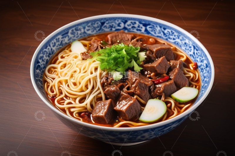 高清大图下载【趣麦麦图】青花瓷碗装牛肉面条