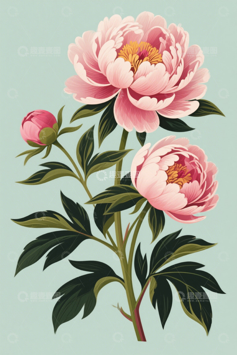 高清大图下载【趣麦麦图】粉色牡丹花插画素材