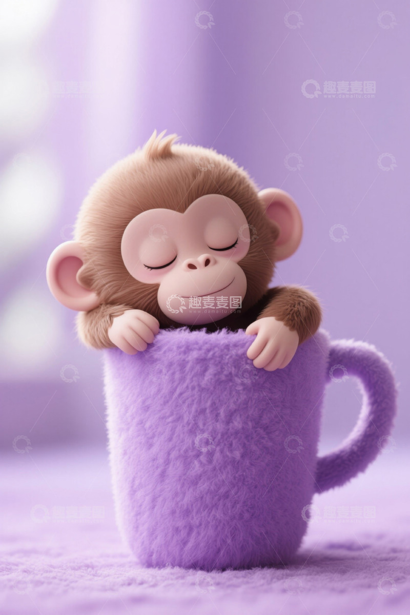 高清大图下载【趣麦麦图】可爱小猴趴紫色杯子