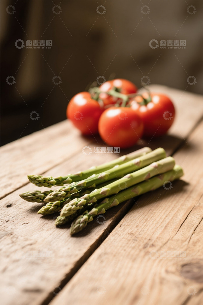 高清大图下载【趣麦麦图】木桌上的芦笋与西红柿