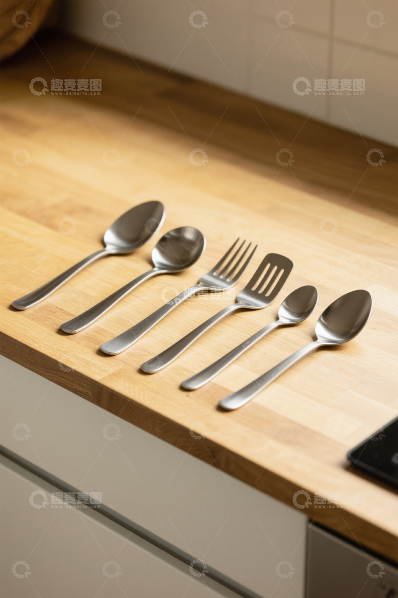 高清大图下载【趣麦麦图】厨房台面上的不锈钢餐具