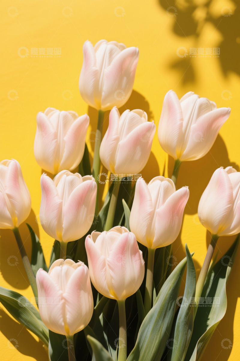 高清大图下载【趣麦麦图】黄色背景前的粉色郁金香花束