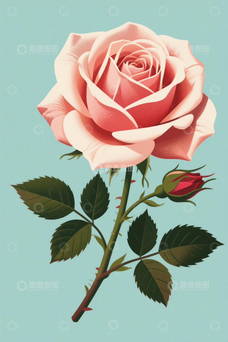 高清大图下载【趣麦麦图】单支粉色玫瑰插画